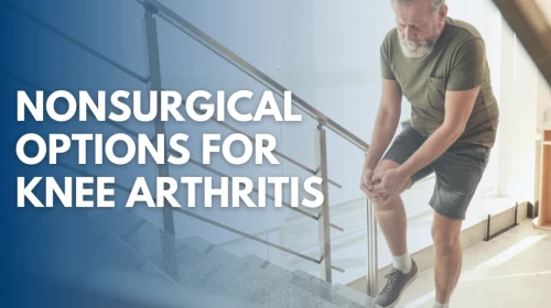 senior man walking up stairs holding knee due to pain from arthritis. Text on screen says nonsurgical options for knee arthritis from OrthoCarolina knee surgeons.