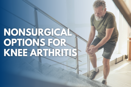 senior man walking up stairs holding knee due to pain from arthritis. Text on screen says nonsurgical options for knee arthritis from OrthoCarolina knee surgeons.