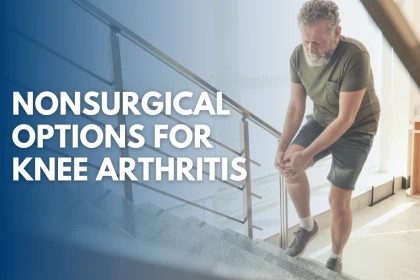senior man walking up stairs holding knee due to pain from arthritis. Text on screen says nonsurgical options for knee arthritis from OrthoCarolina knee surgeons.