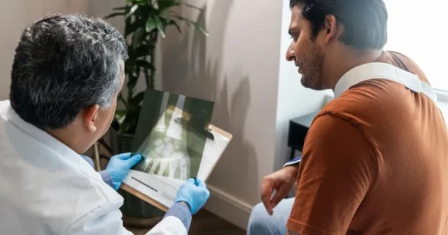 doctor and patient looking at hand x-ray