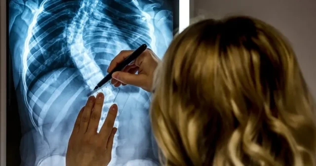 physician pointing at back x-ray