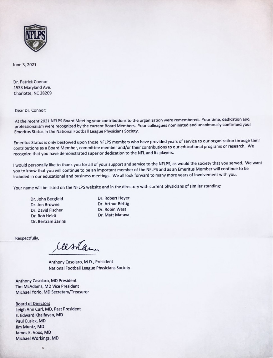 Carolina Panthers Head Team Physician - Letter