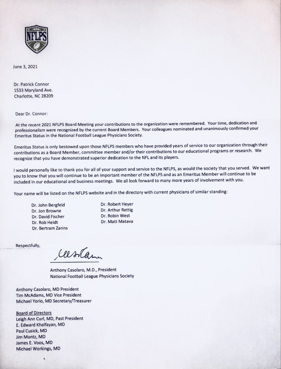 Carolina Panthers Head Team Physician - Letter Carolina Panthers Head Team Physician - Letter