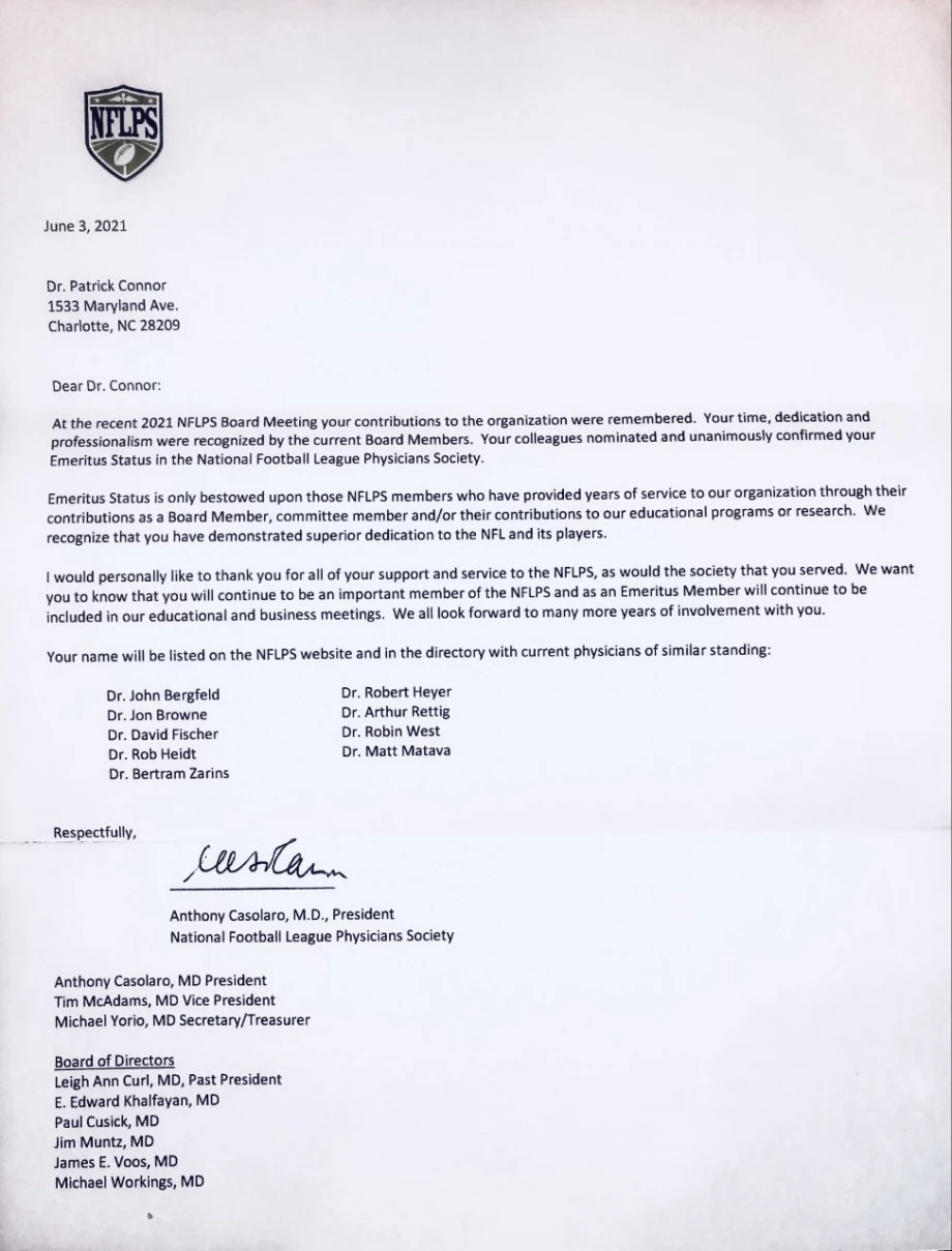 Carolina Panthers Head Team Physician - Letter Carolina Panthers Head Team Physician - Letter