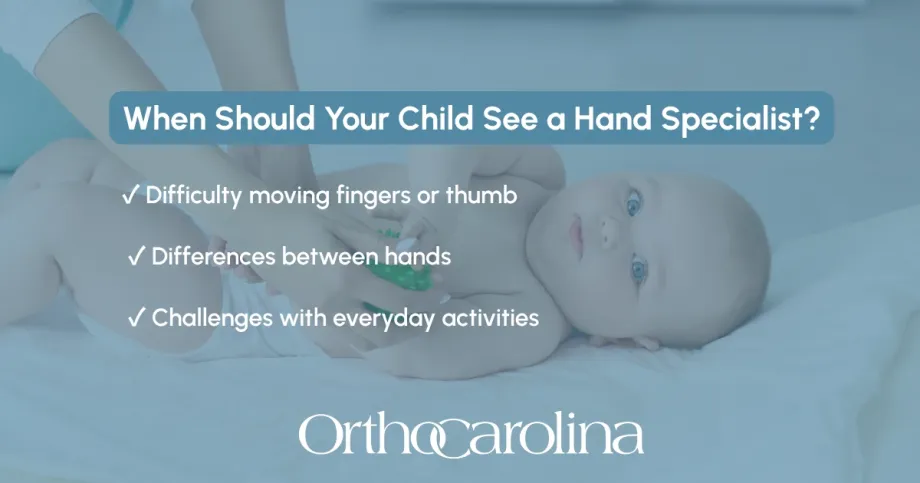 graphic explaining when your child should see a hand specialist
