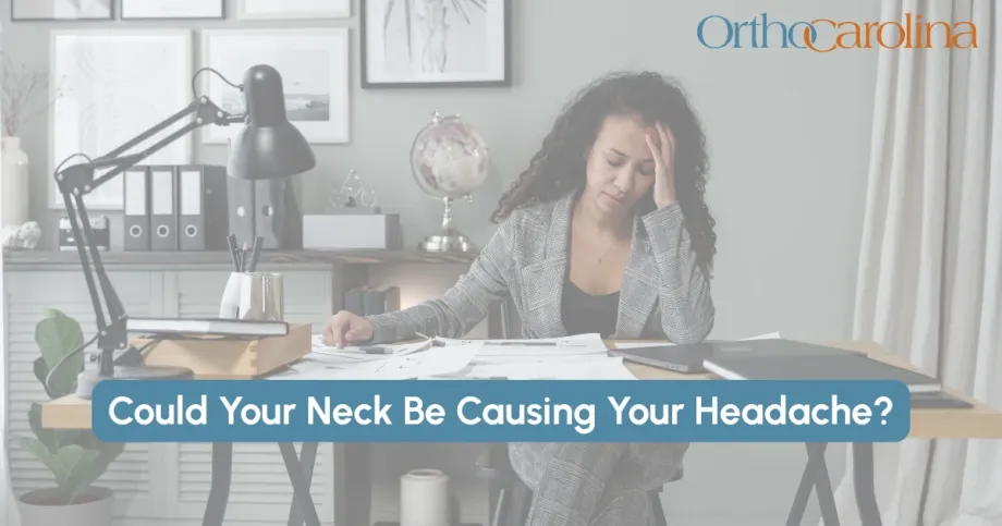 an image of woman sitting at work desk with headache with text overlay could. your neck be causing your headache