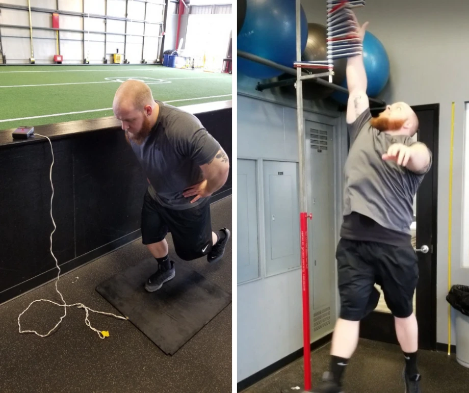 Left: Vertical jump using a force plate. Right: Vertical jump using a Vertec.